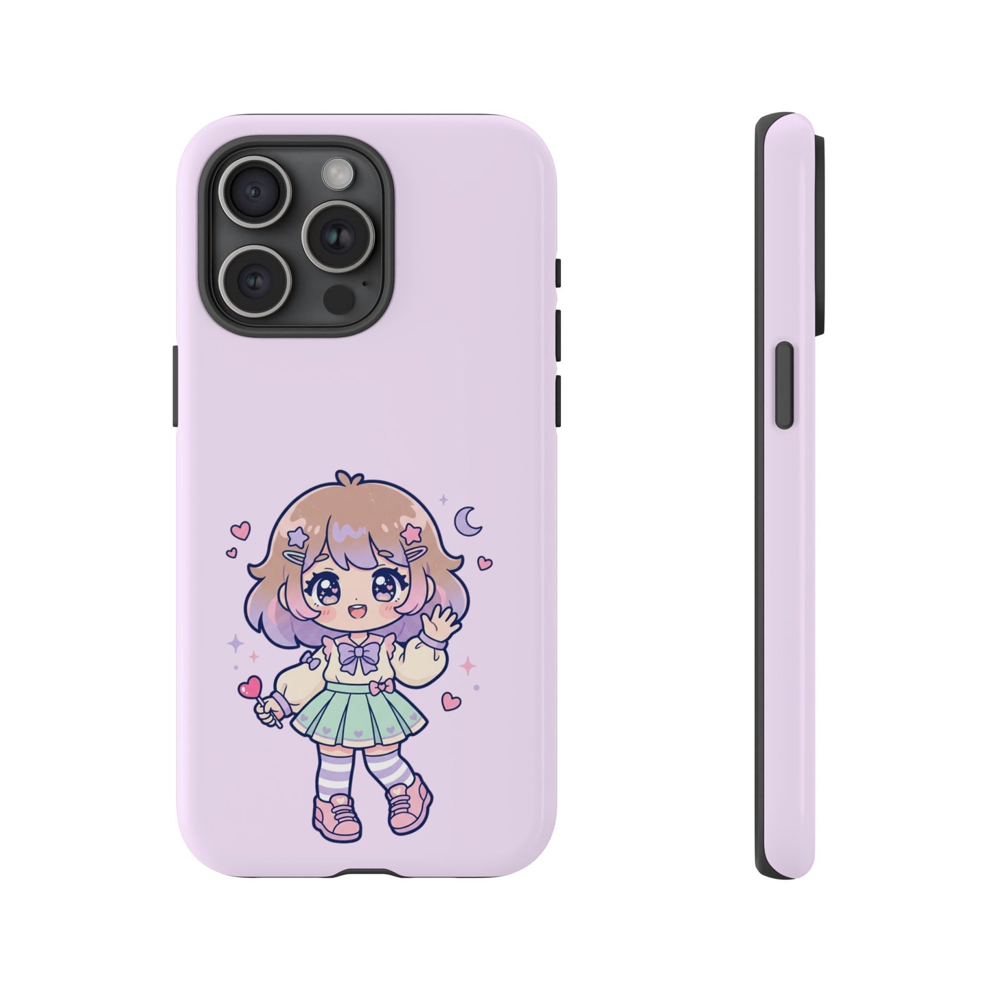 Cute Kawaii Girl Phone Case — Pastel Anime iPhone Cover with Hearts & Moon