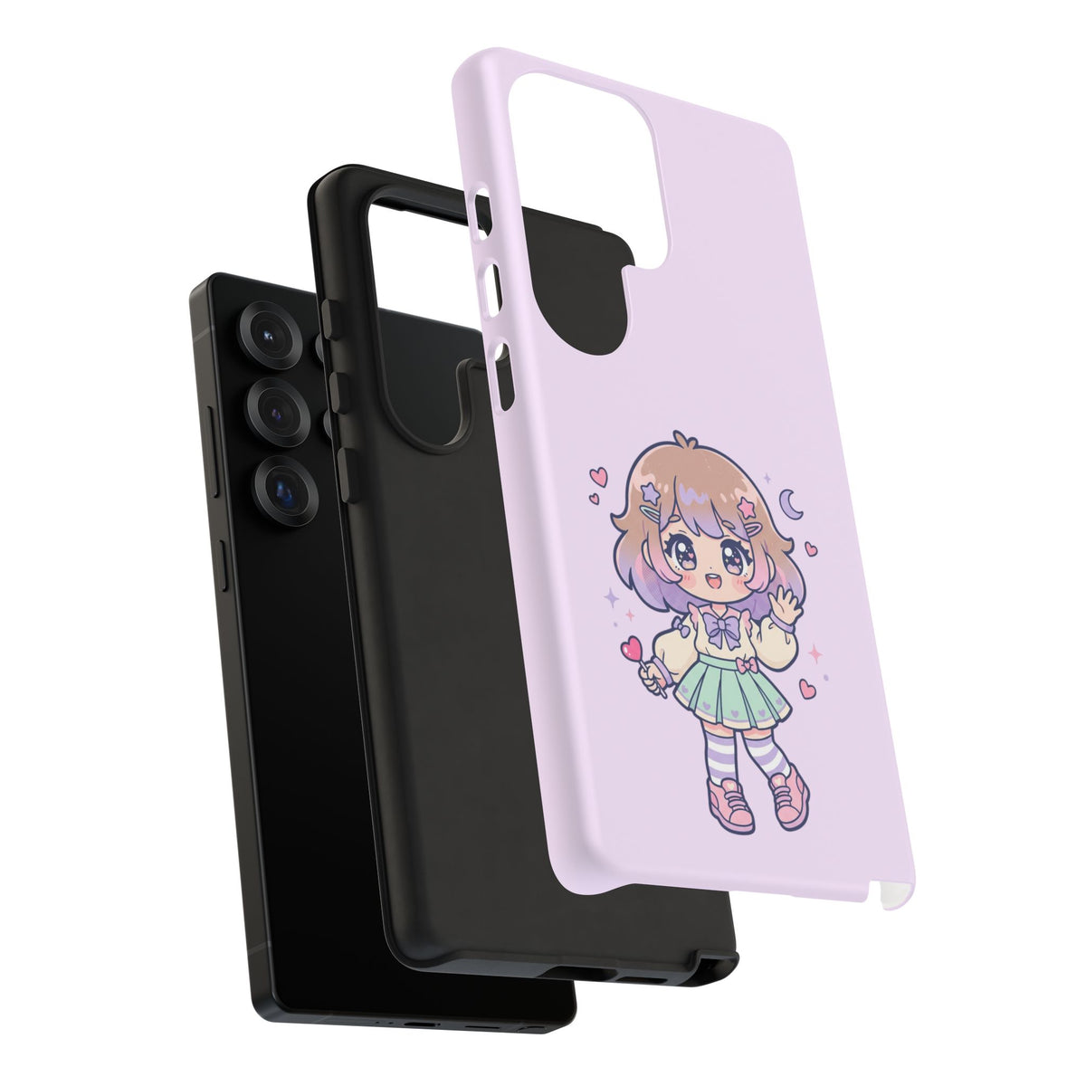 Cute Kawaii Girl Phone Case — Pastel Anime iPhone Cover with Hearts & Moon
