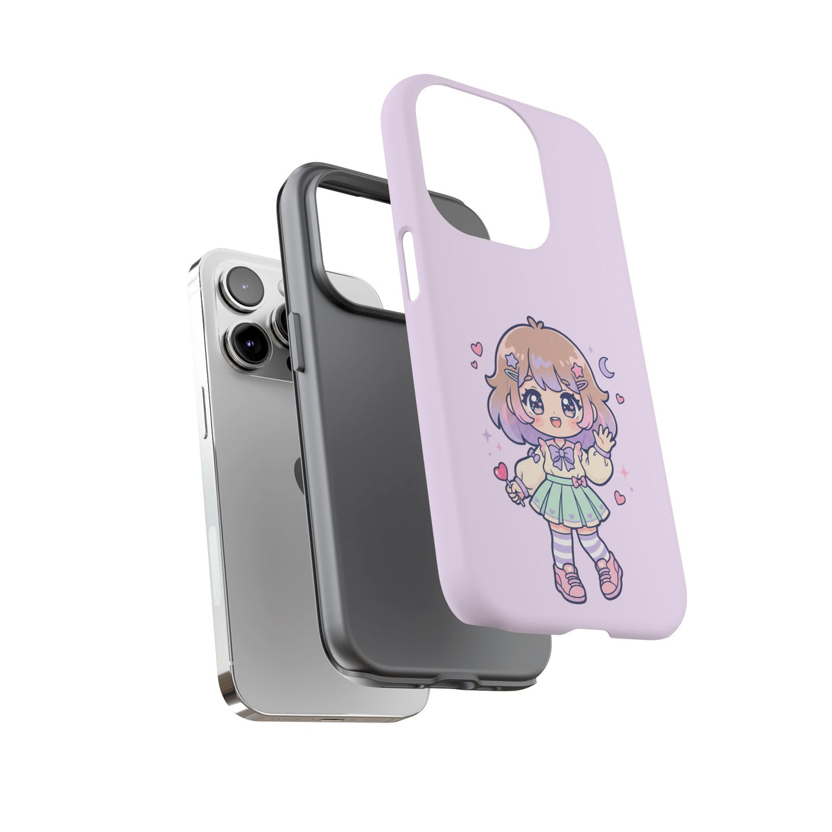 Cute Kawaii Girl Phone Case — Pastel Anime iPhone Cover with Hearts & Moon