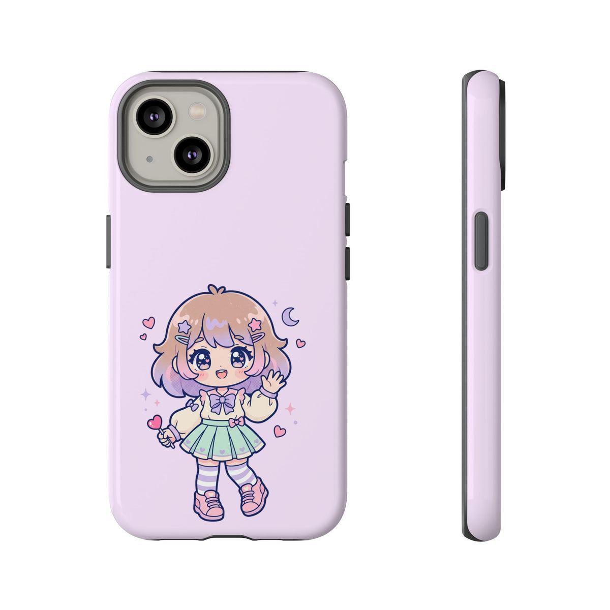 Cute Kawaii Girl Phone Case — Pastel Anime iPhone Cover with Hearts & Moon