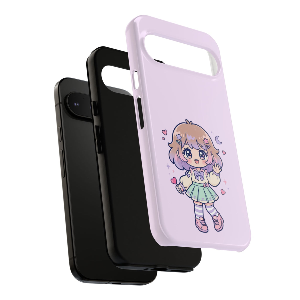 Cute Kawaii Girl Phone Case — Pastel Anime iPhone Cover with Hearts & Moon