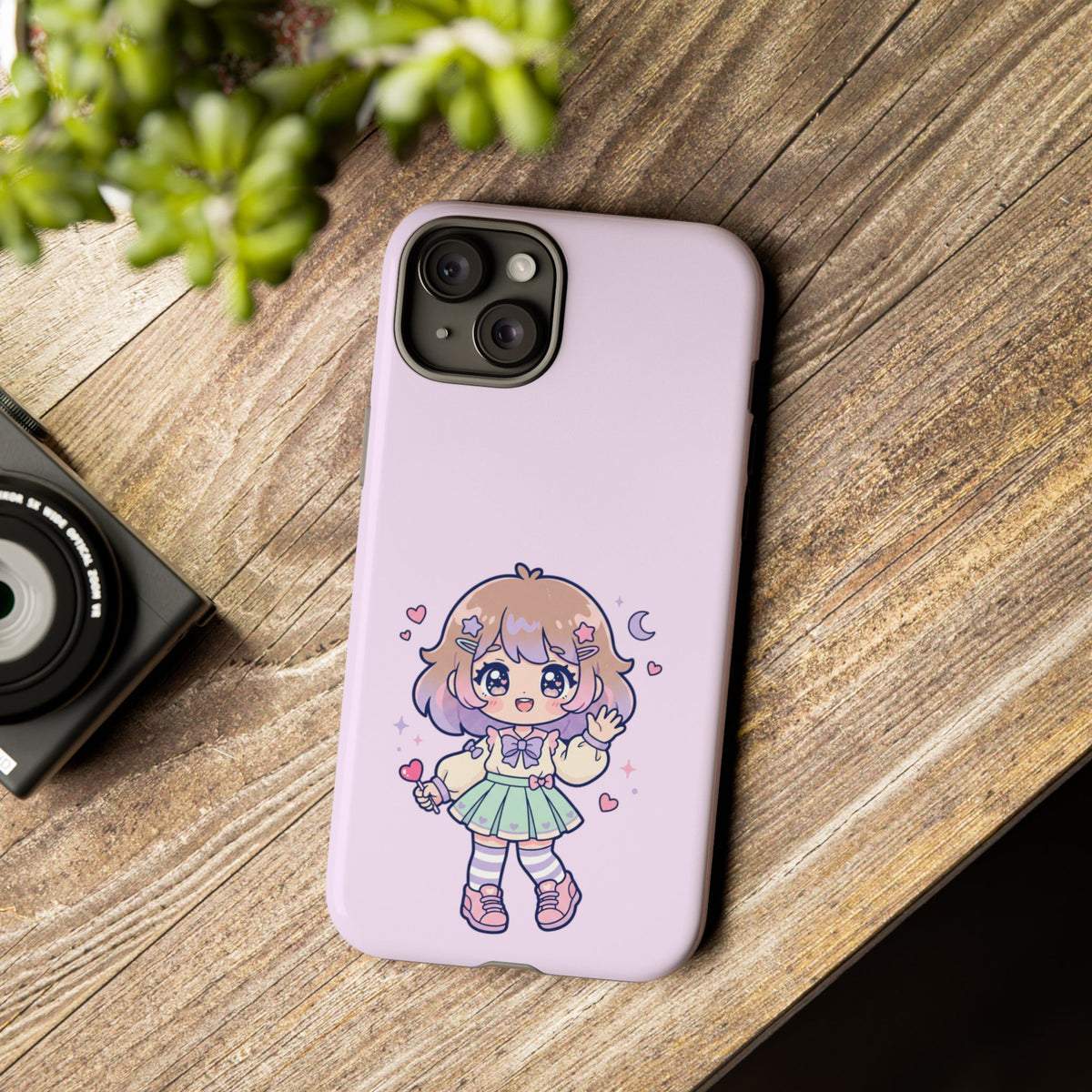 Cute Kawaii Girl Phone Case — Pastel Anime iPhone Cover with Hearts & Moon