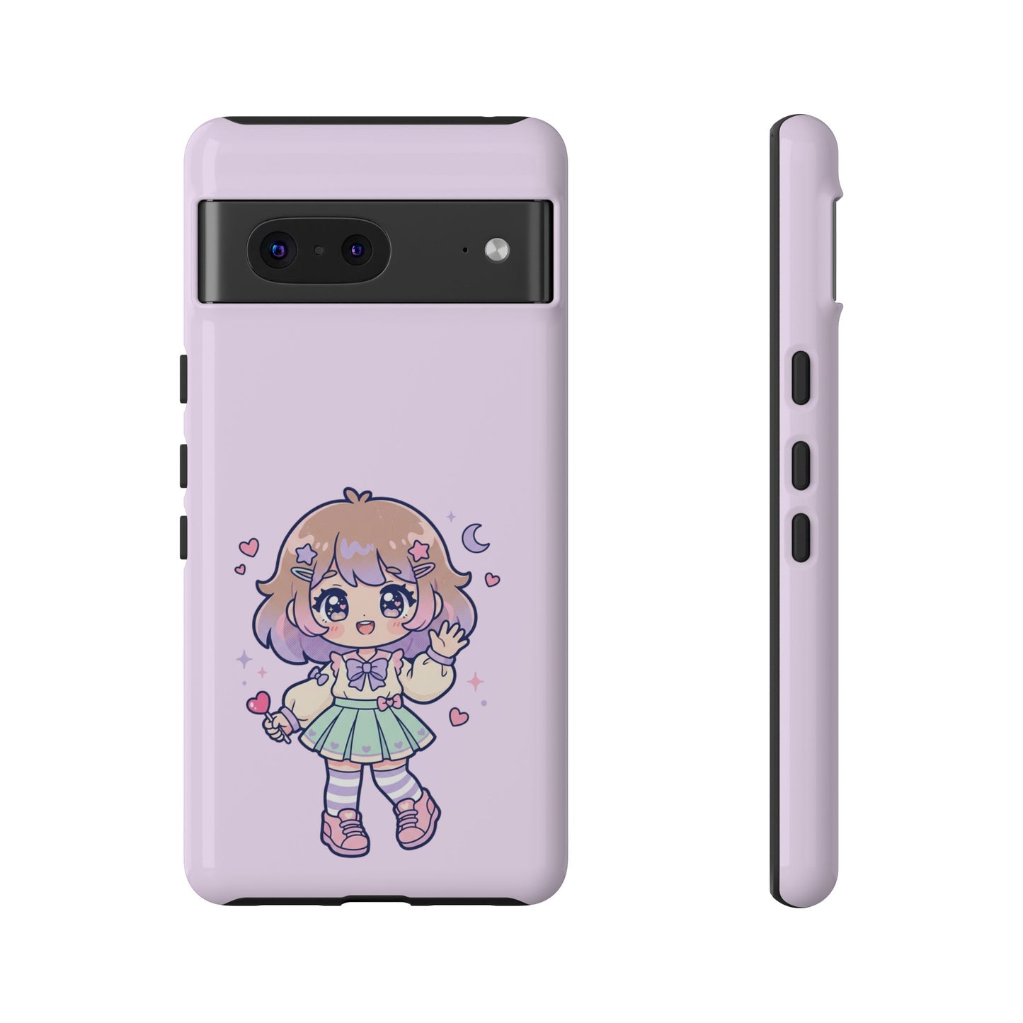 Cute Kawaii Girl Phone Case — Pastel Anime iPhone Cover with Hearts & Moon