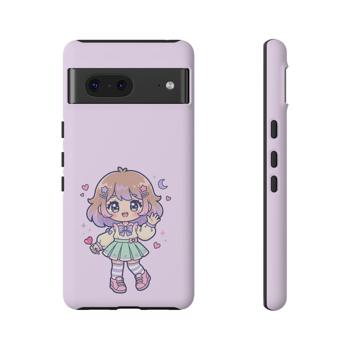Cute Kawaii Girl Phone Case — Pastel Anime iPhone Cover with Hearts & Moon