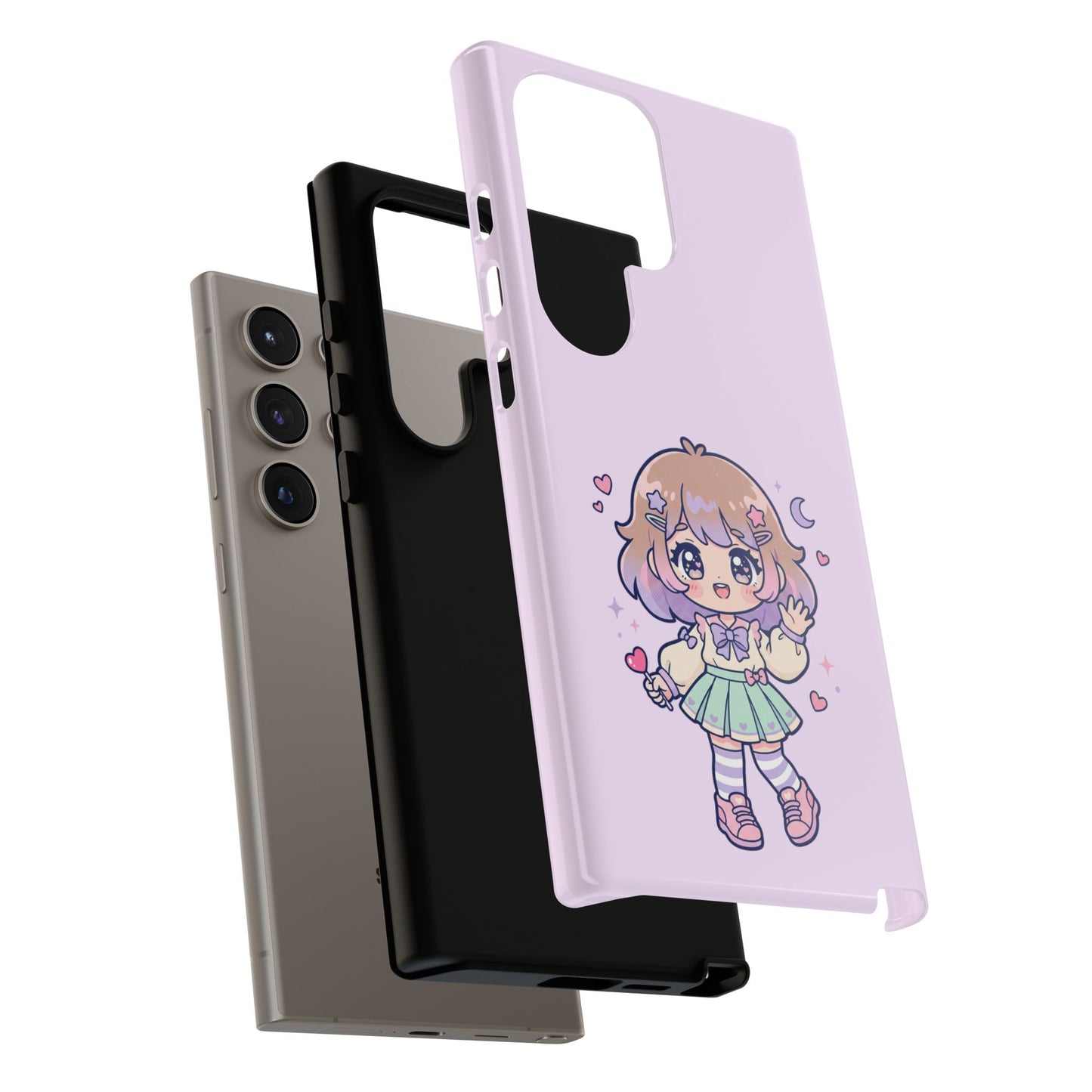 Cute Kawaii Girl Phone Case — Pastel Anime iPhone Cover with Hearts & Moon