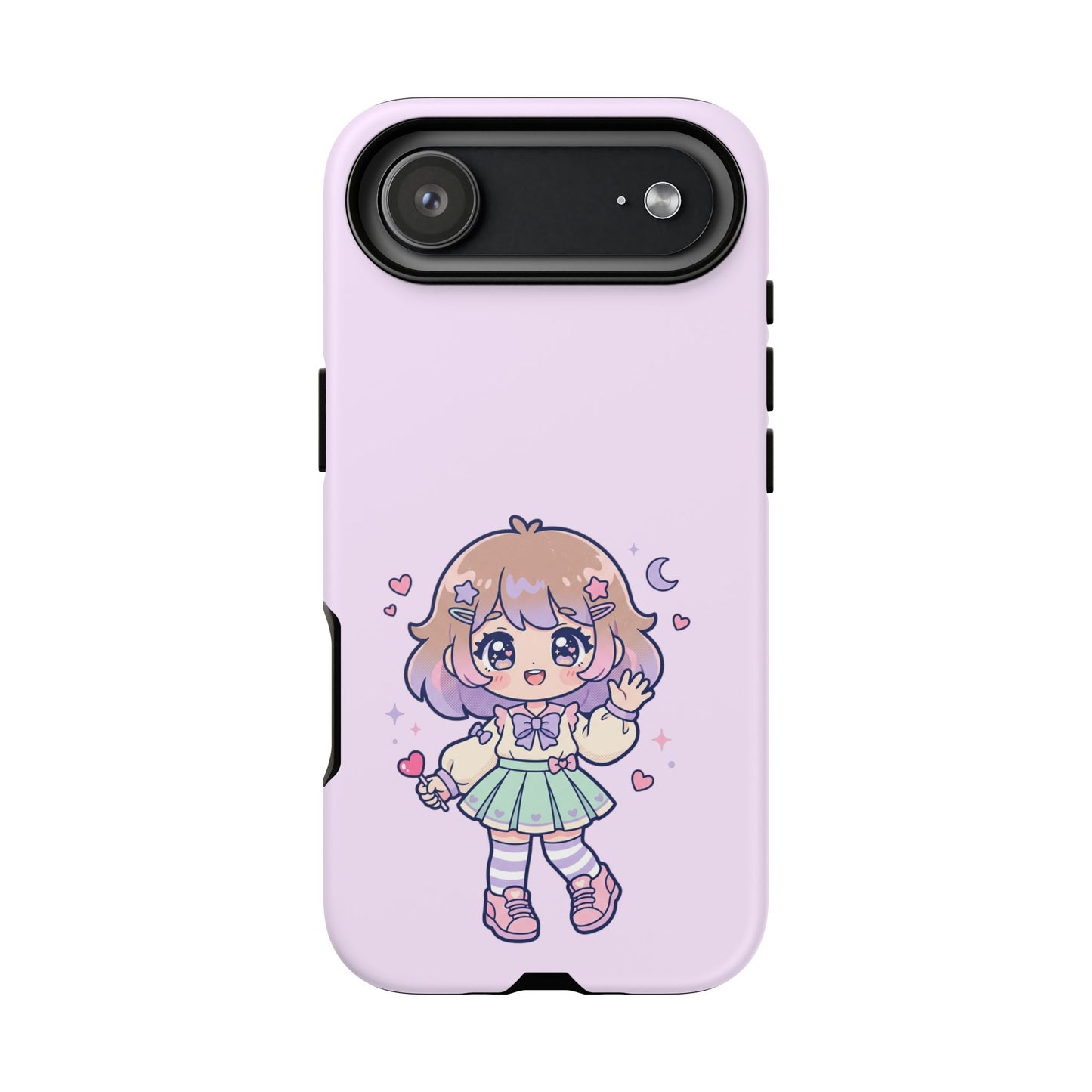 Cute Kawaii Girl Phone Case — Pastel Anime iPhone Cover with Hearts & Moon
