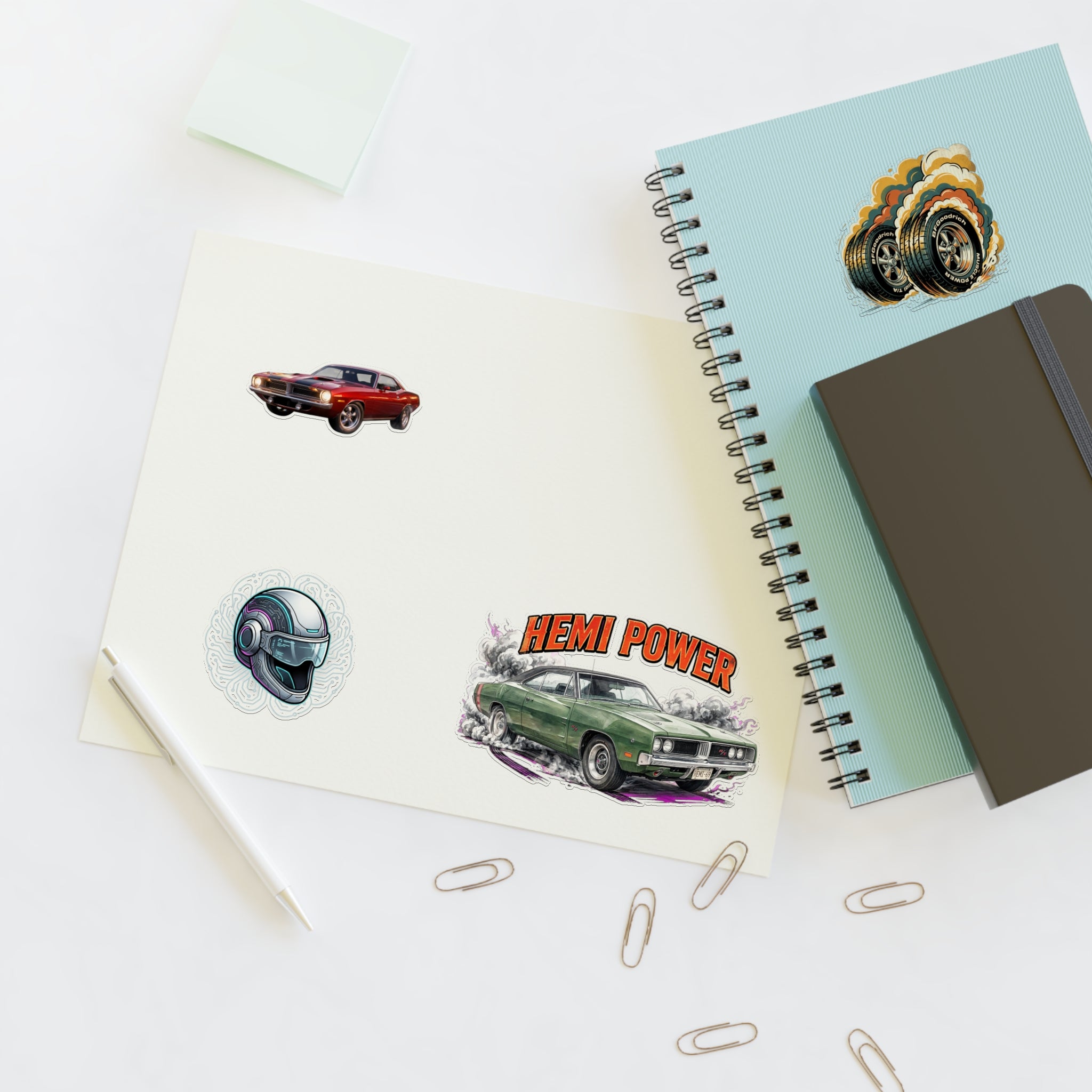 Hemi Power Muscle Car Sticker Sheet — Retro Racing Car & Helmet Decals