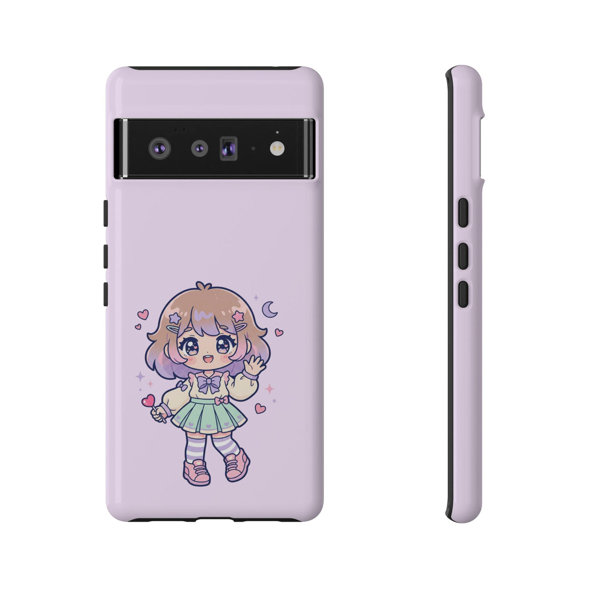 Cute Kawaii Girl Phone Case — Pastel Anime iPhone Cover with Hearts & Moon