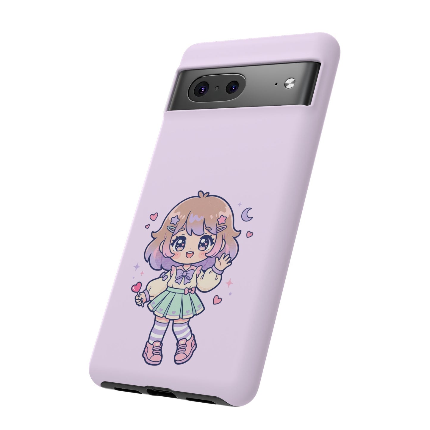 Cute Kawaii Girl Phone Case — Pastel Anime iPhone Cover with Hearts & Moon