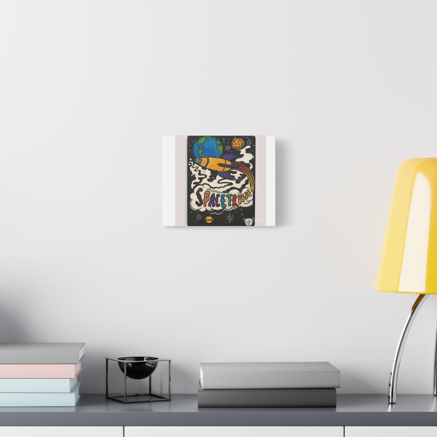 Retro Rocket Canvas Art — "SPACETRAVEL" Stretched Space Travel Wall Decor
