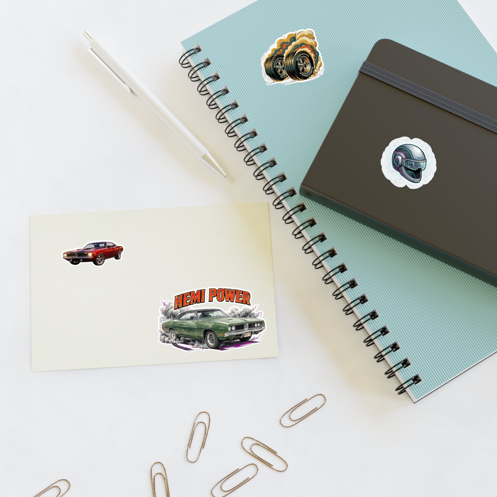 Hemi Power Muscle Car Sticker Sheet — Retro Racing Car & Helmet Decals