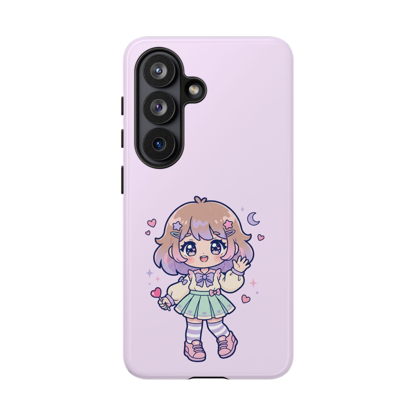 Cute Kawaii Girl Phone Case — Pastel Anime iPhone Cover with Hearts & Moon