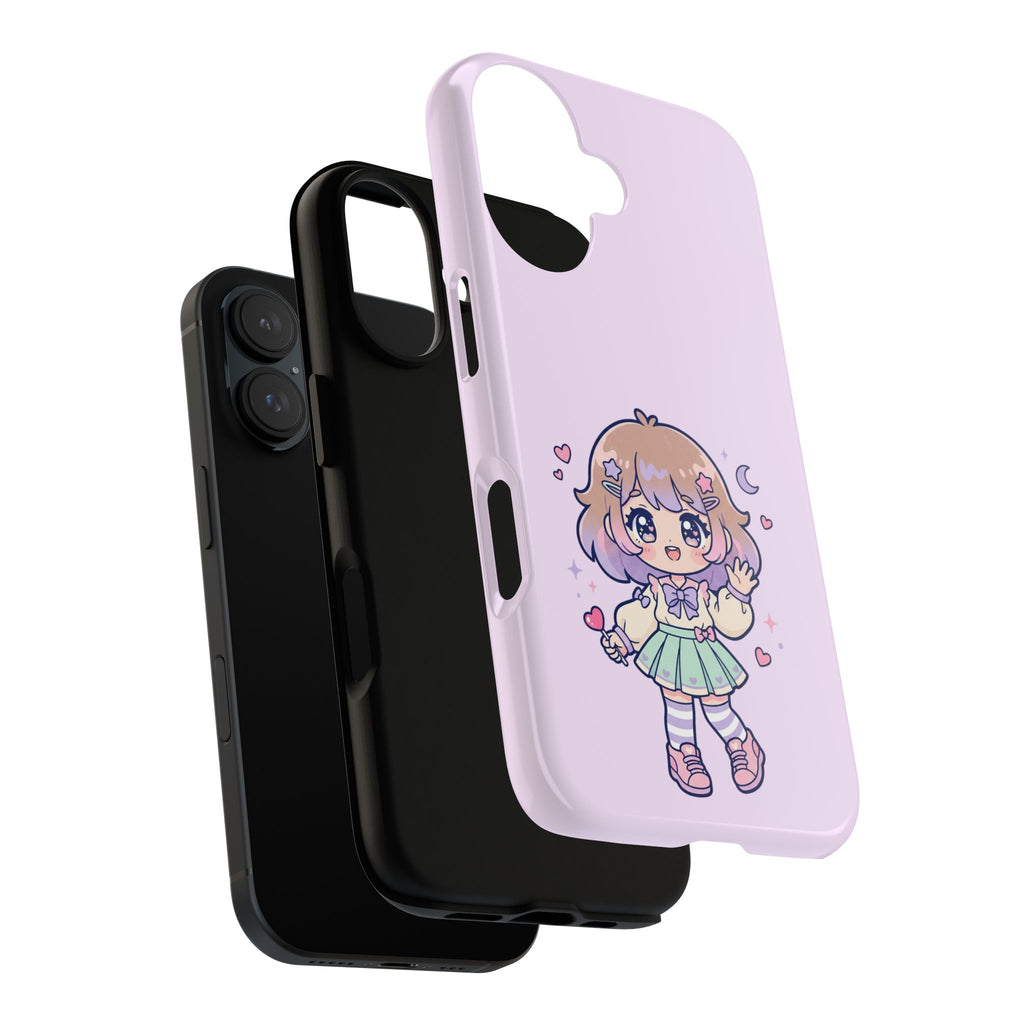 Cute Kawaii Girl Phone Case — Pastel Anime iPhone Cover with Hearts & Moon
