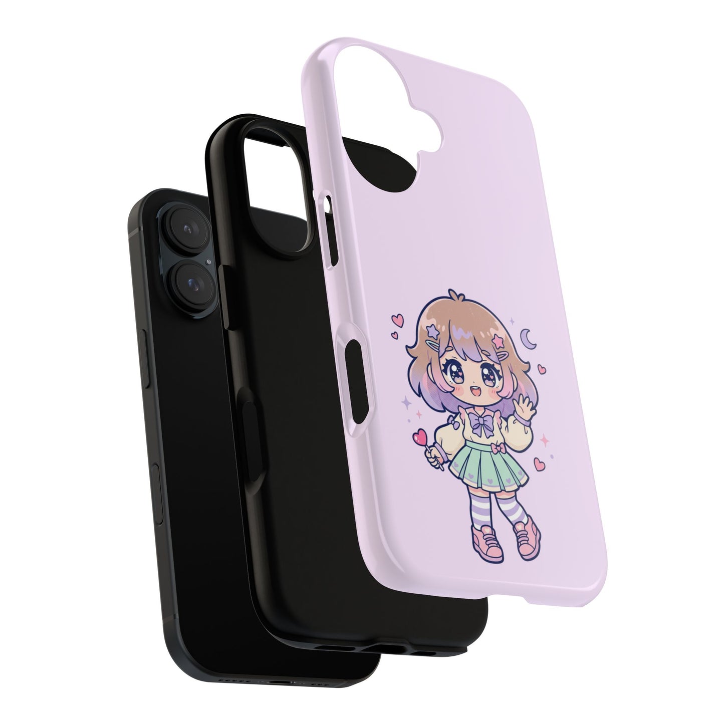 Cute Kawaii Girl Phone Case — Pastel Anime iPhone Cover with Hearts & Moon