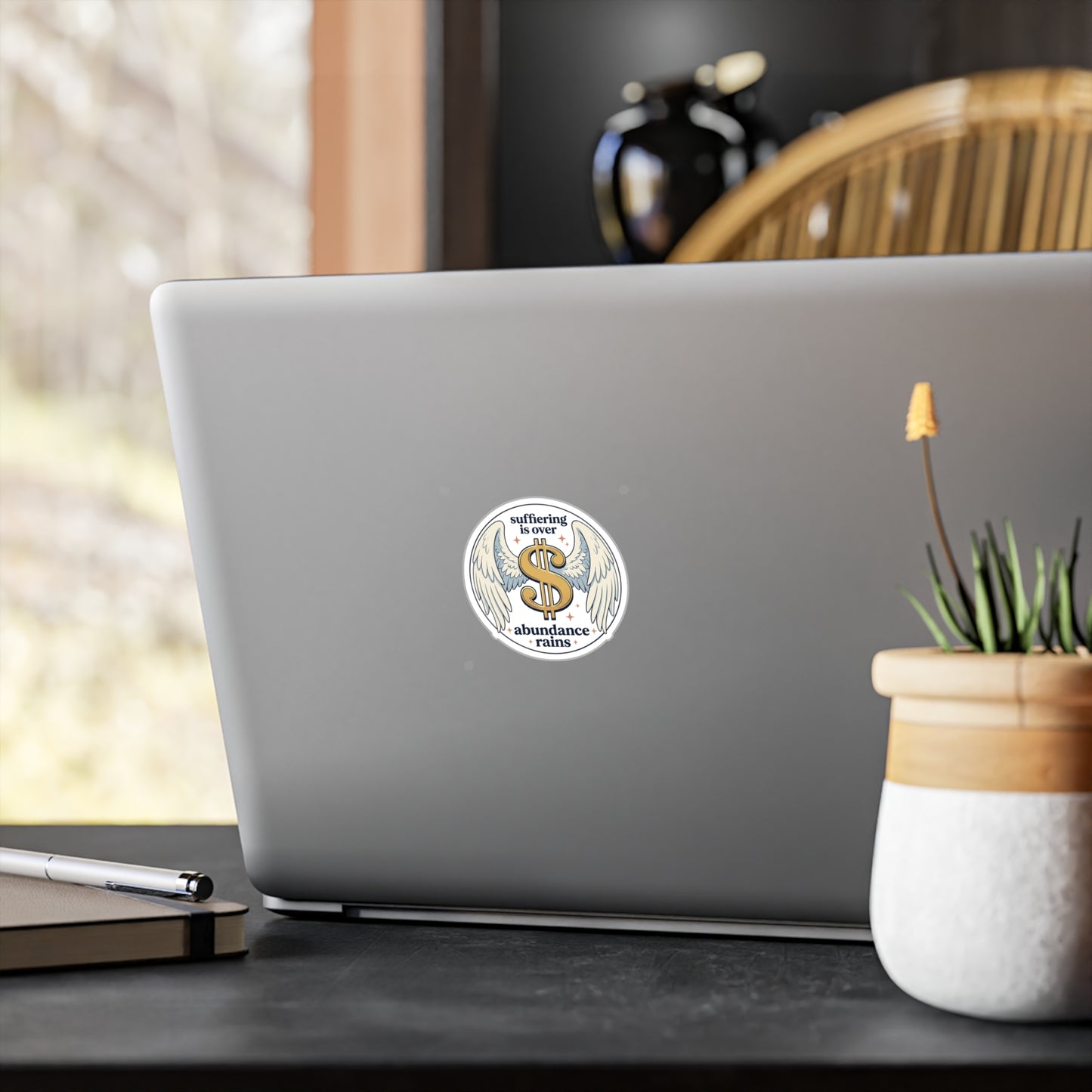 Winged Dollar Vinyl Decal — "Suffering Is Over, Abundance Reigns" Kiss-Cut Sticker