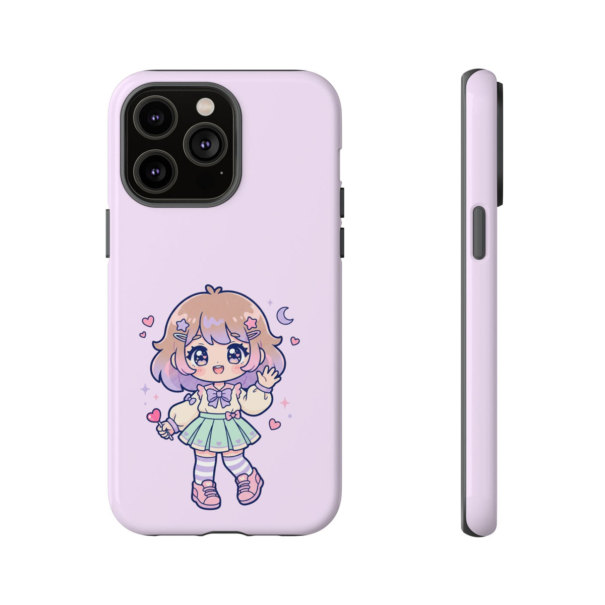 Cute Kawaii Girl Phone Case — Pastel Anime iPhone Cover with Hearts & Moon