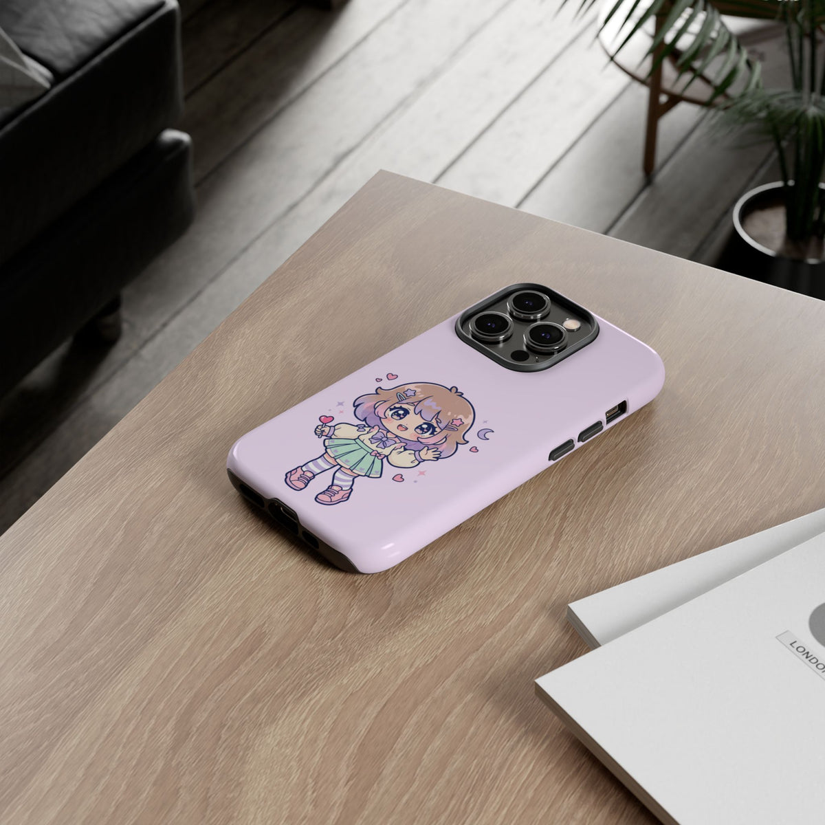 Cute Kawaii Girl Phone Case — Pastel Anime iPhone Cover with Hearts & Moon