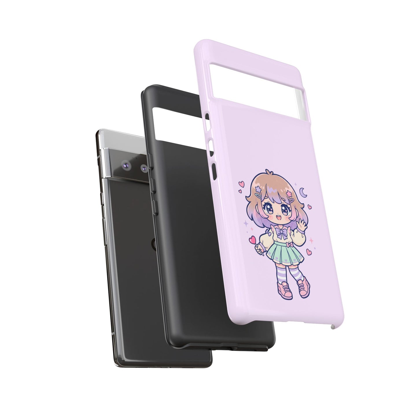 Cute Kawaii Girl Phone Case — Pastel Anime iPhone Cover with Hearts & Moon