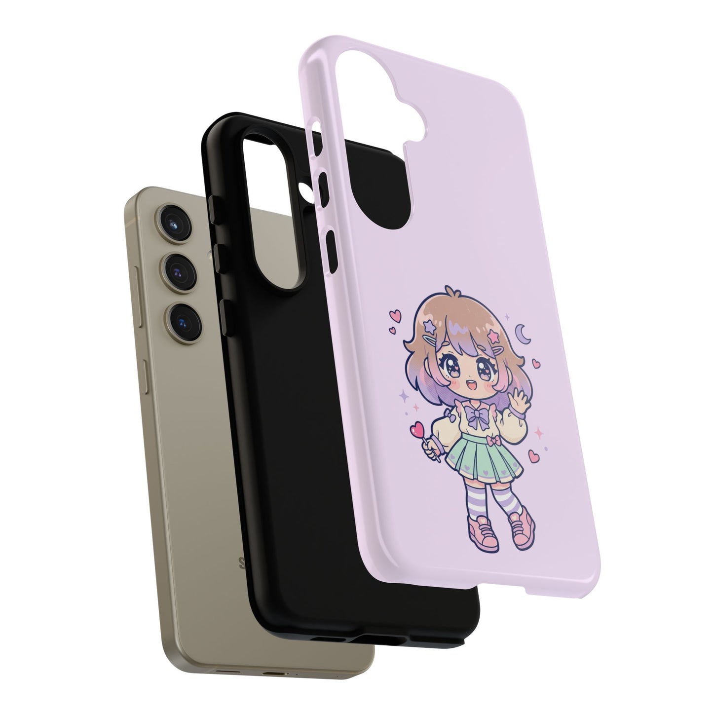 Cute Kawaii Girl Phone Case — Pastel Anime iPhone Cover with Hearts & Moon