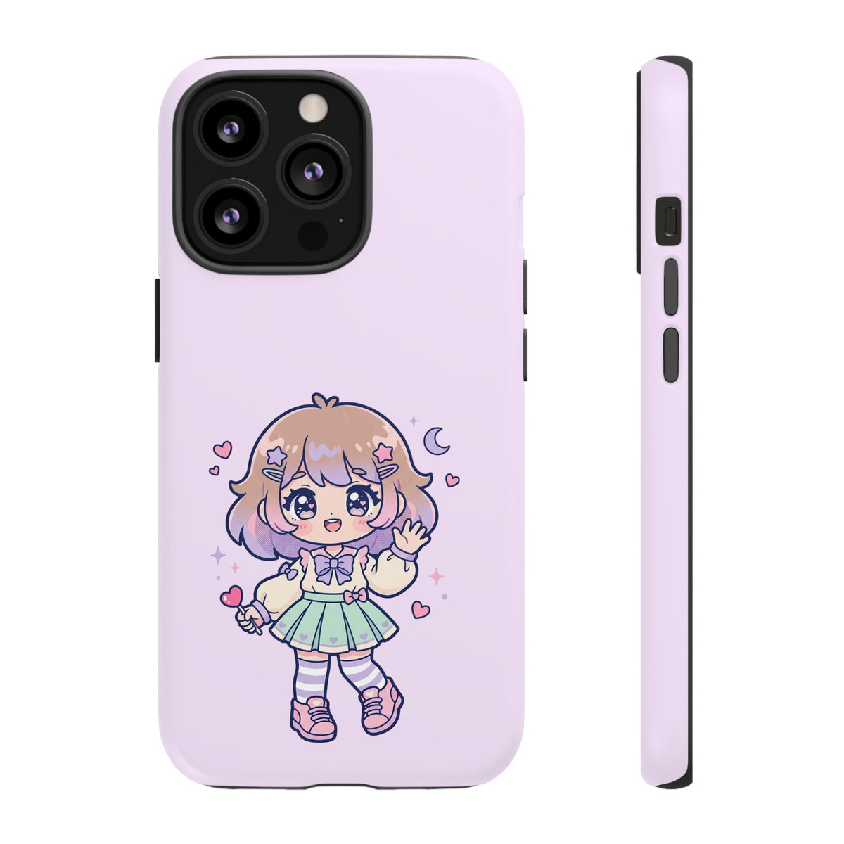 Cute Kawaii Girl Phone Case — Pastel Anime iPhone Cover with Hearts & Moon