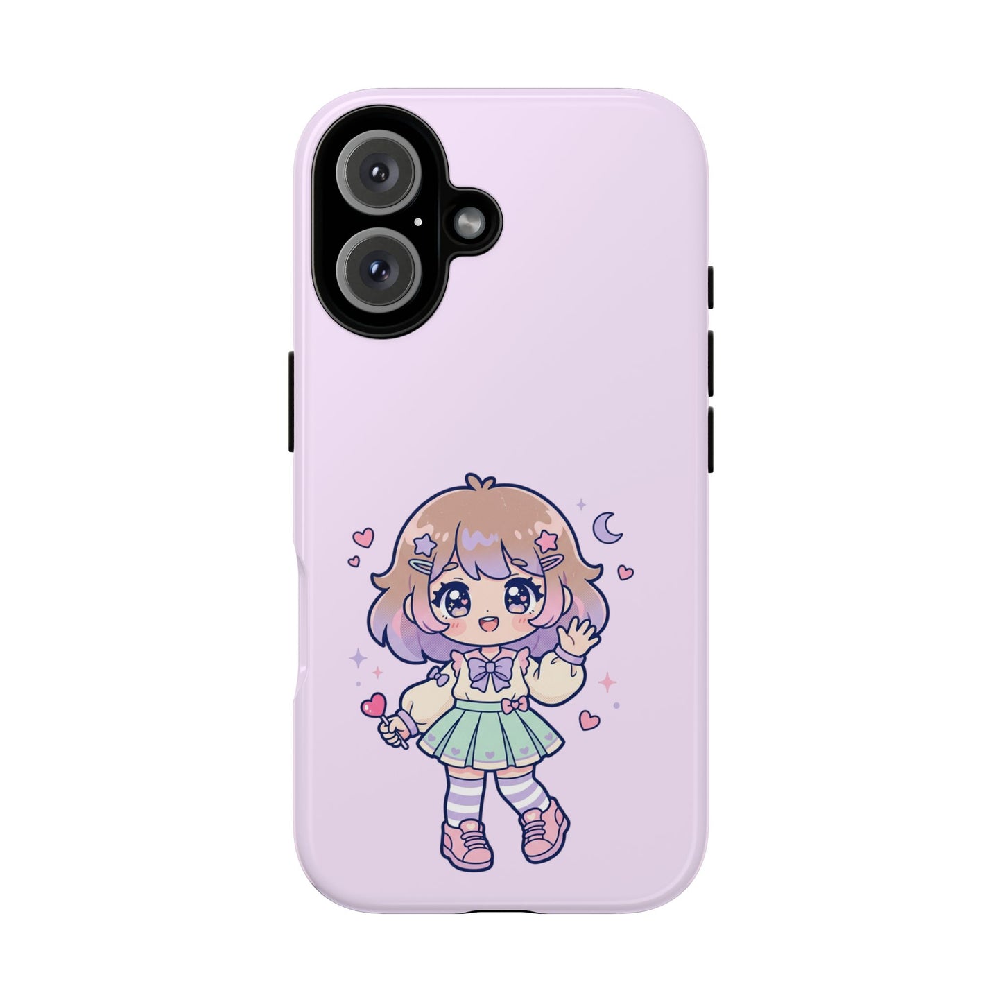 Cute Kawaii Girl Phone Case — Pastel Anime iPhone Cover with Hearts & Moon