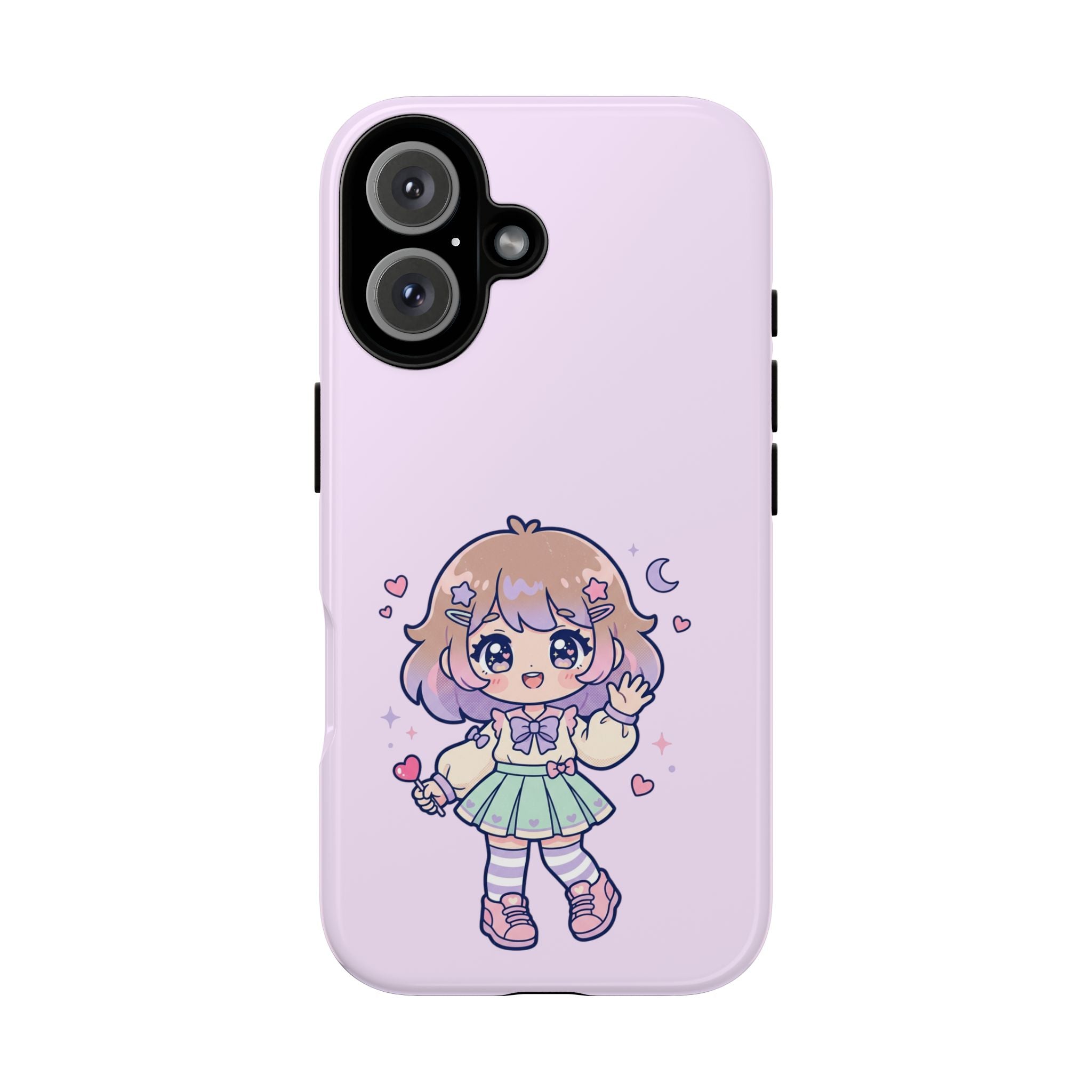 Cute Kawaii Girl Phone Case — Pastel Anime iPhone Cover with Hearts & Moon