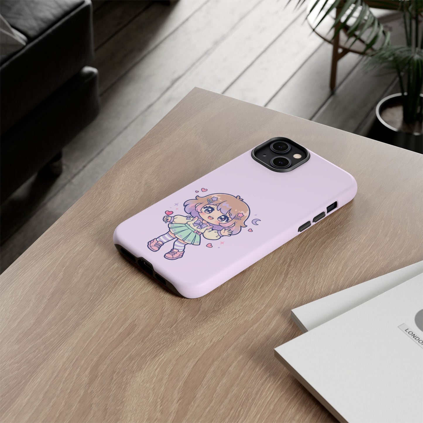 Cute Kawaii Girl Phone Case — Pastel Anime iPhone Cover with Hearts & Moon