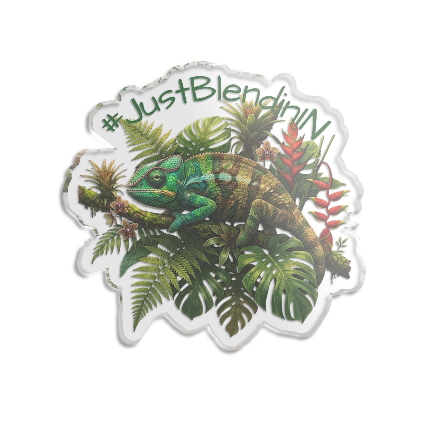Chameleon Cutout Sticker — "#JustBlendingIn" Tropical Plant Vinyl Sticker