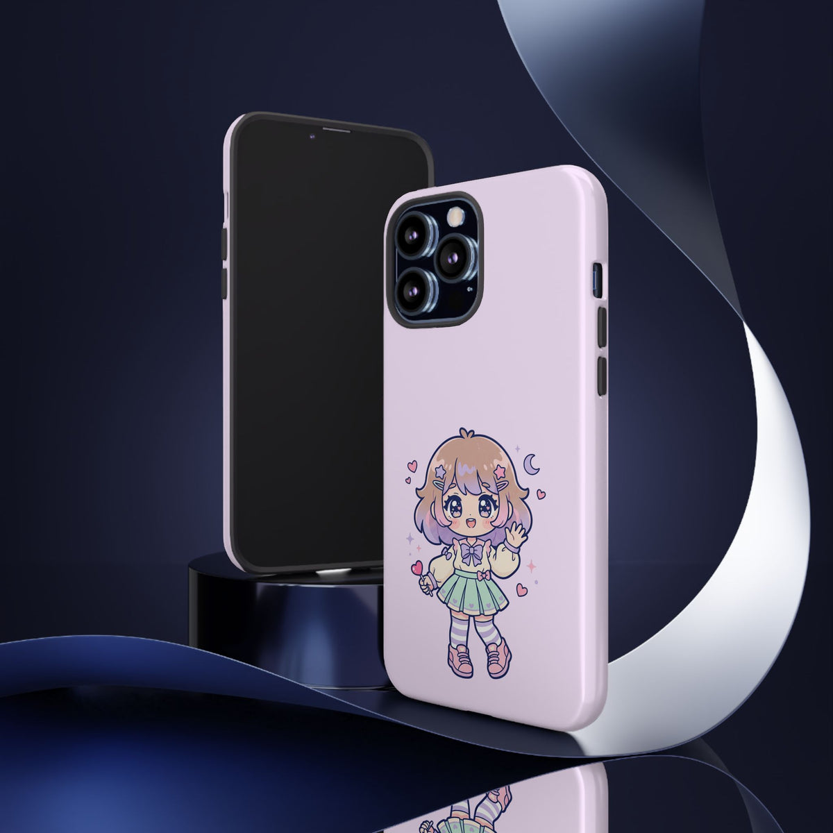 Cute Kawaii Girl Phone Case — Pastel Anime iPhone Cover with Hearts & Moon