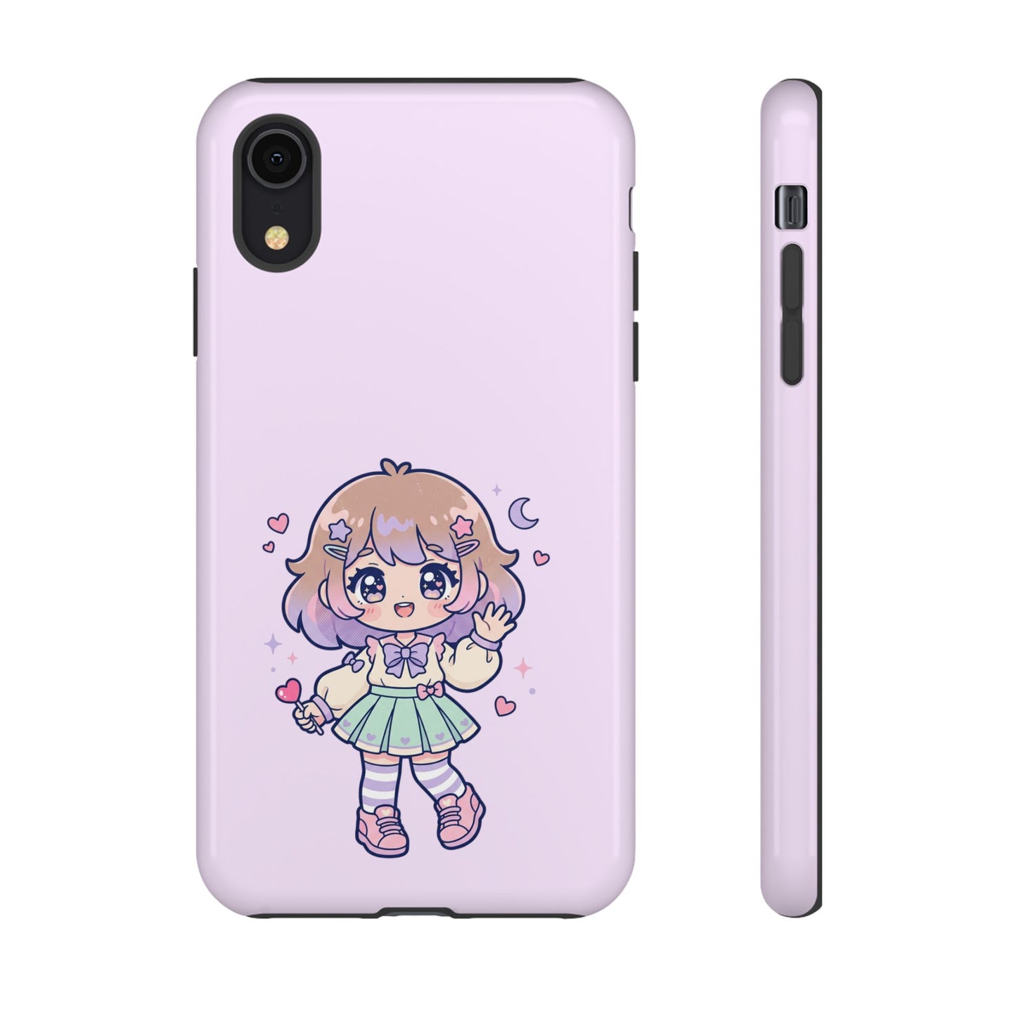 Cute Kawaii Girl Phone Case — Pastel Anime iPhone Cover with Hearts & Moon