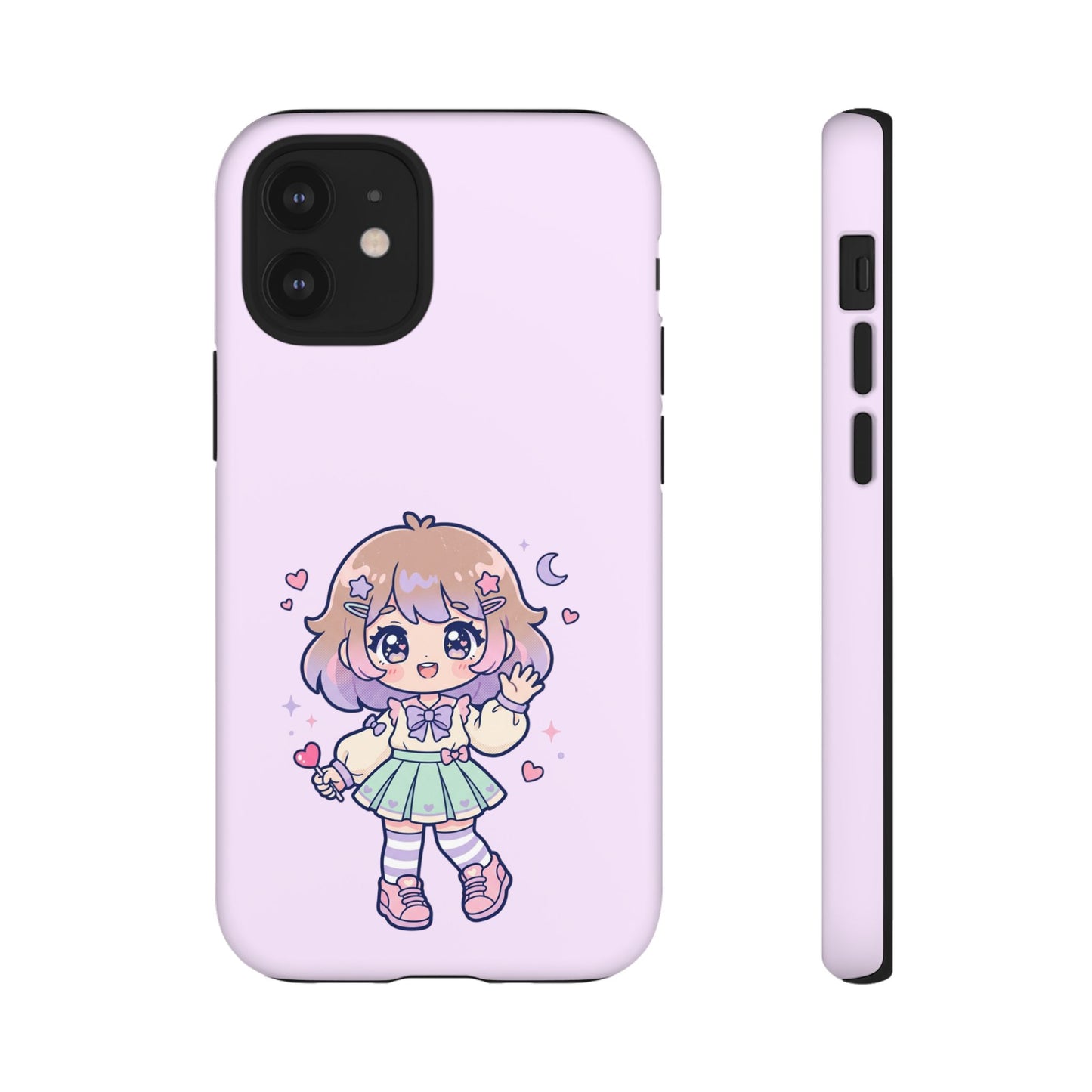 Cute Kawaii Girl Phone Case — Pastel Anime iPhone Cover with Hearts & Moon