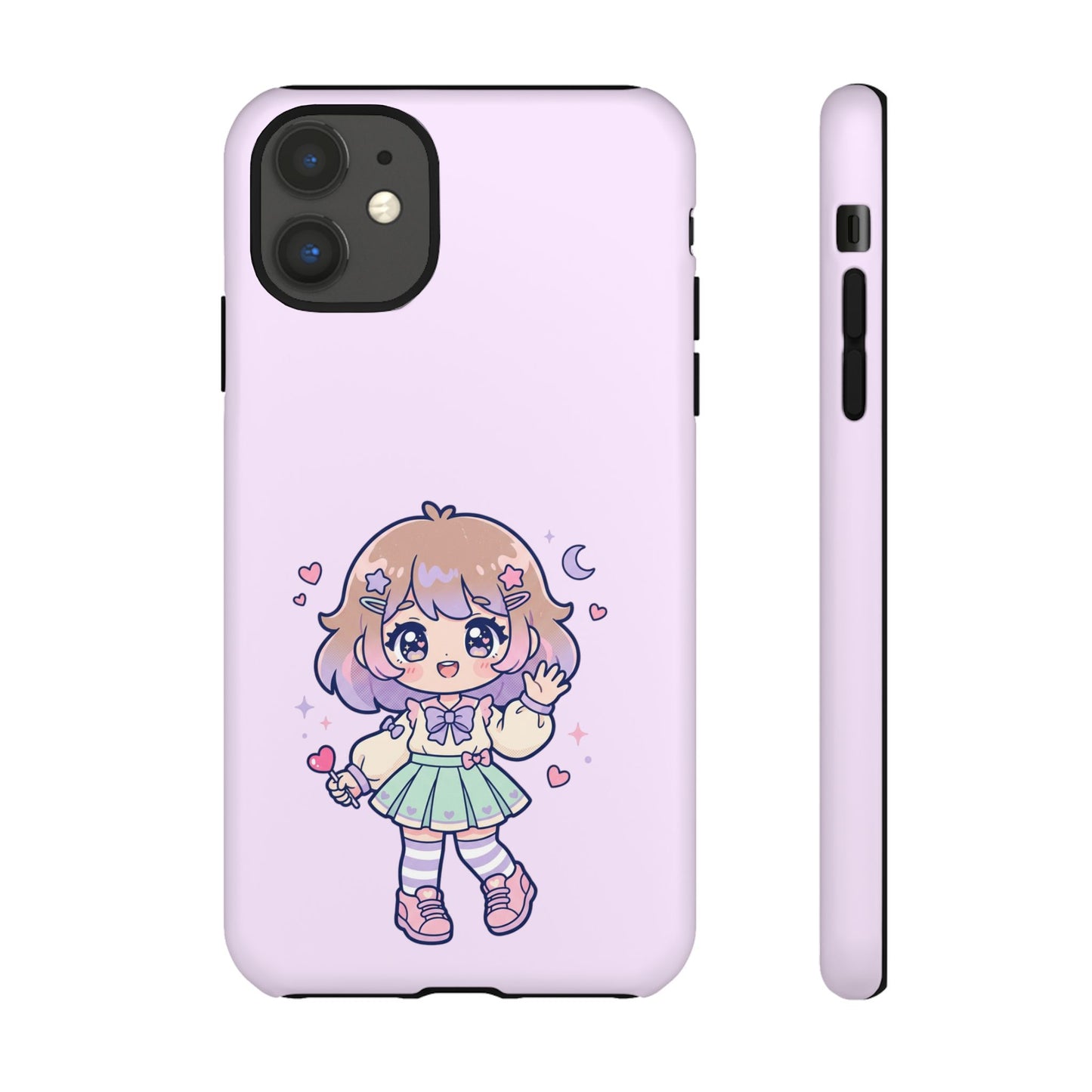Cute Kawaii Girl Phone Case — Pastel Anime iPhone Cover with Hearts & Moon