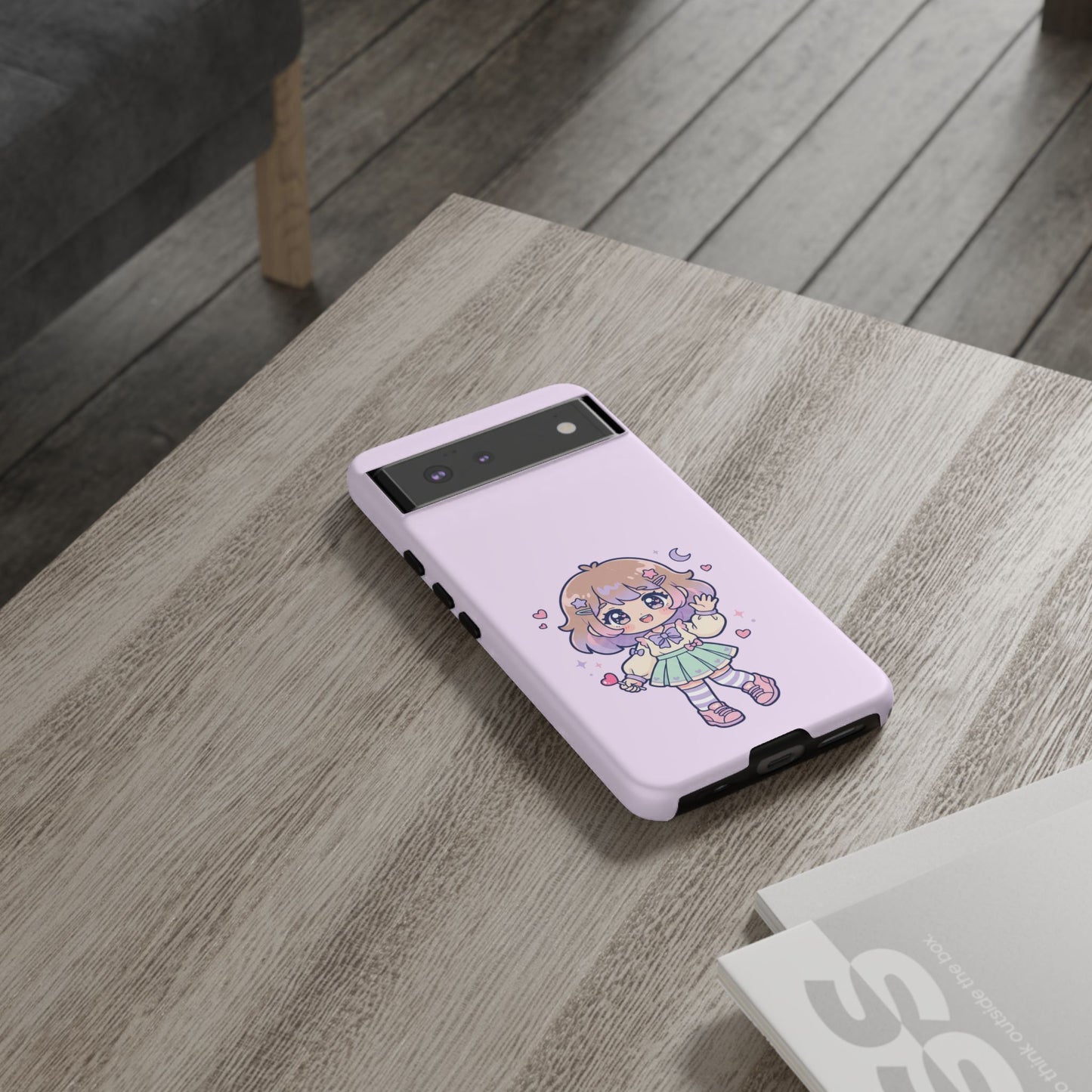 Cute Kawaii Girl Phone Case — Pastel Anime iPhone Cover with Hearts & Moon
