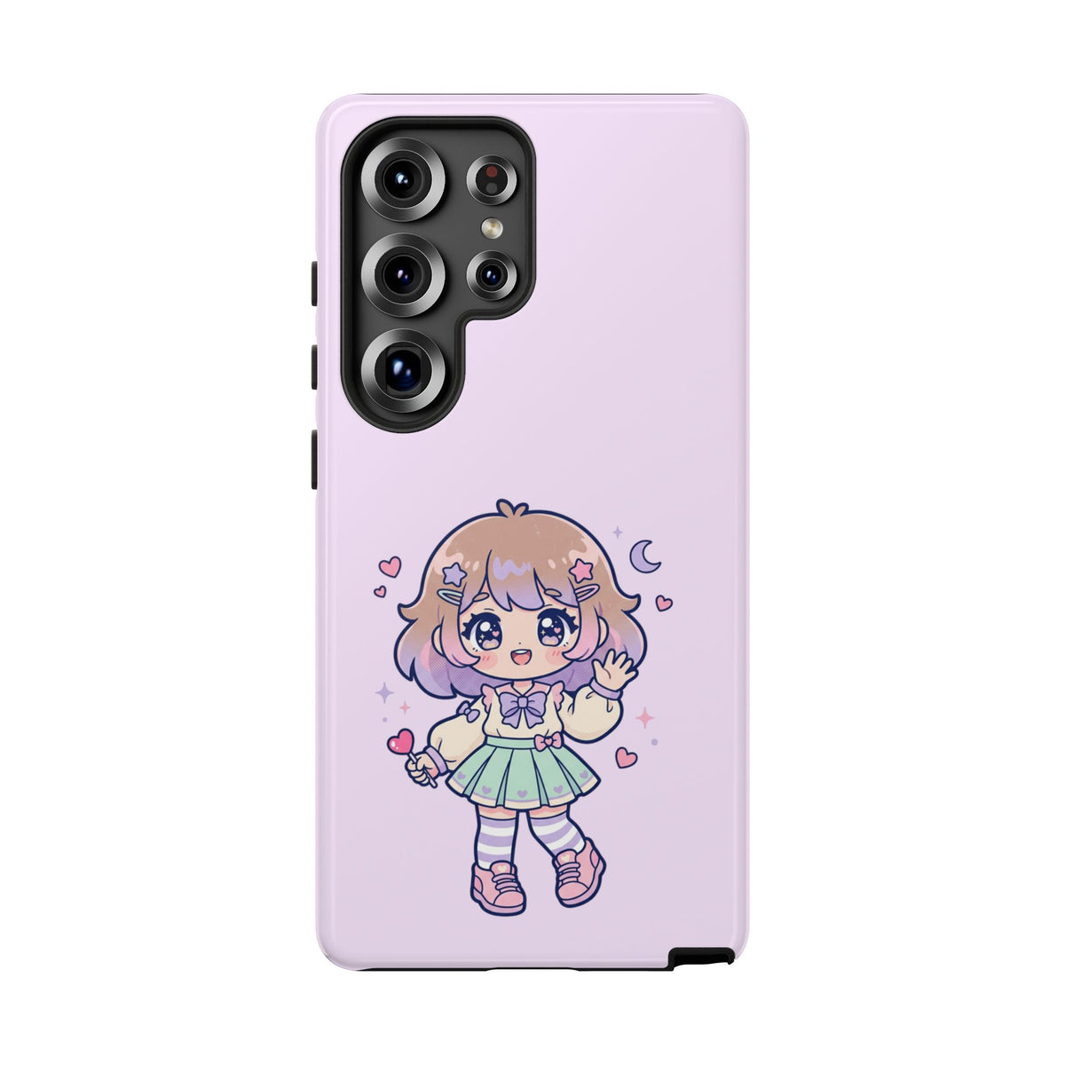 Cute Kawaii Girl Phone Case — Pastel Anime iPhone Cover with Hearts & Moon