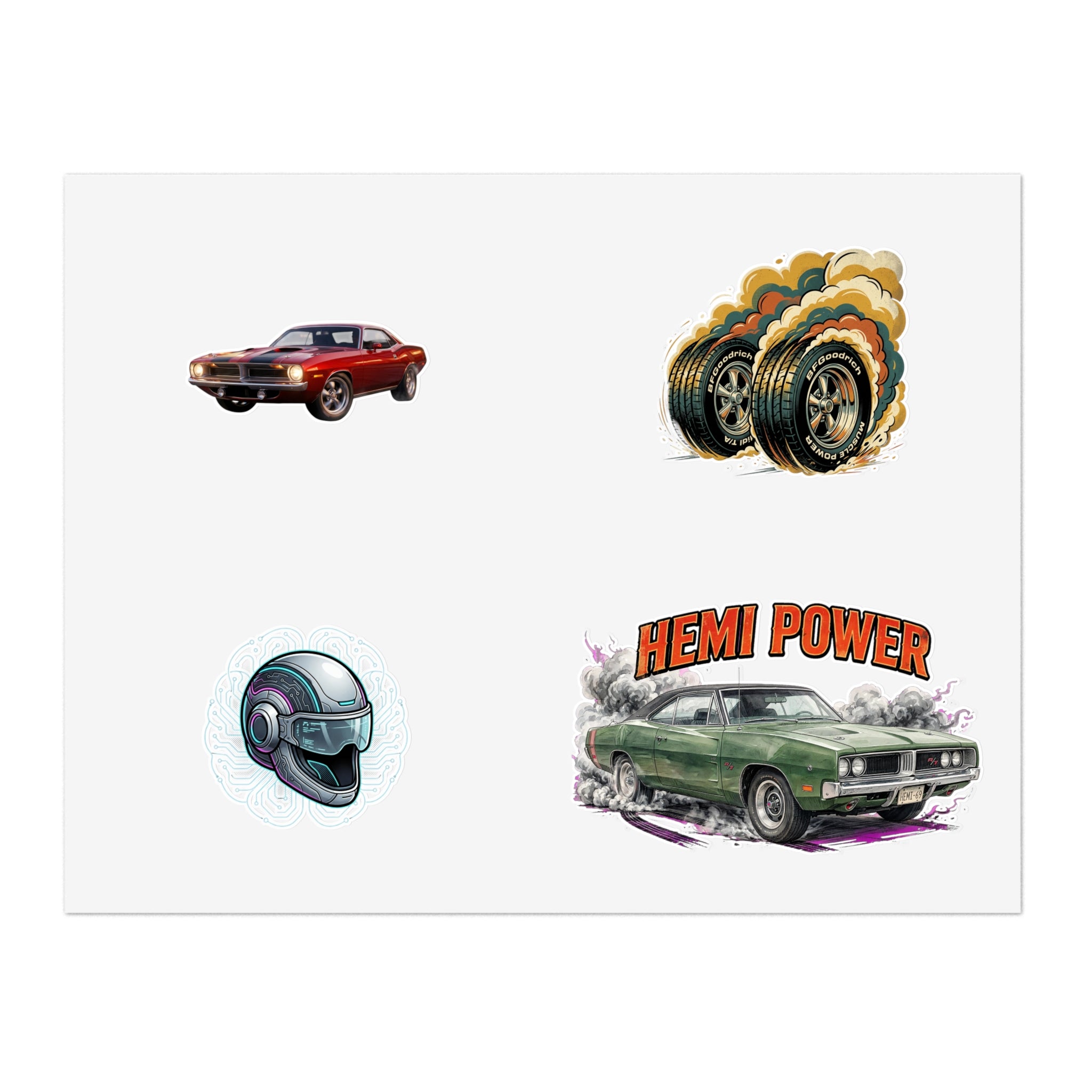 Hemi Power Muscle Car Sticker Sheet — Retro Racing Car & Helmet Decals