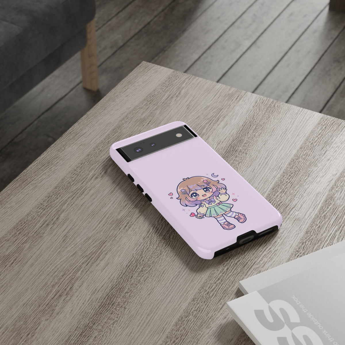 Cute Kawaii Girl Phone Case — Pastel Anime iPhone Cover with Hearts & Moon