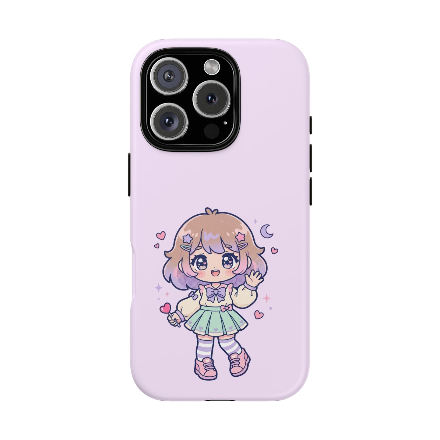 Cute Kawaii Girl Phone Case — Pastel Anime iPhone Cover with Hearts & Moon