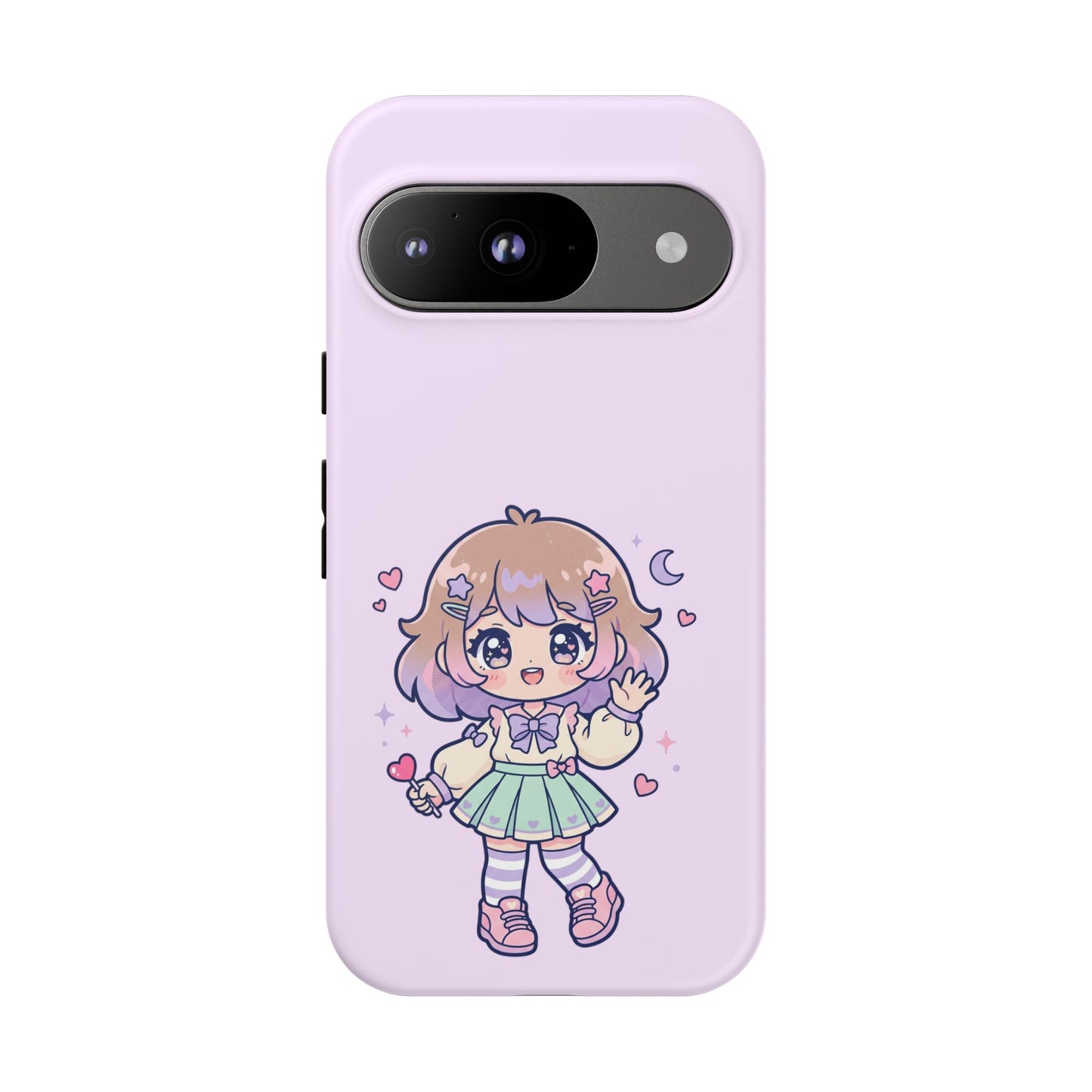 Cute Kawaii Girl Phone Case — Pastel Anime iPhone Cover with Hearts & Moon