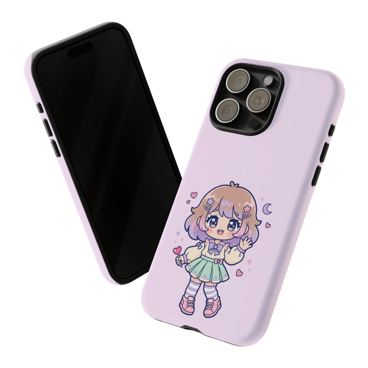 Cute Kawaii Girl Phone Case — Pastel Anime iPhone Cover with Hearts & Moon