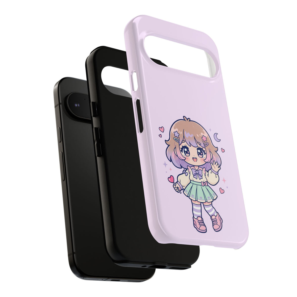 Cute Kawaii Girl Phone Case — Pastel Anime iPhone Cover with Hearts & Moon