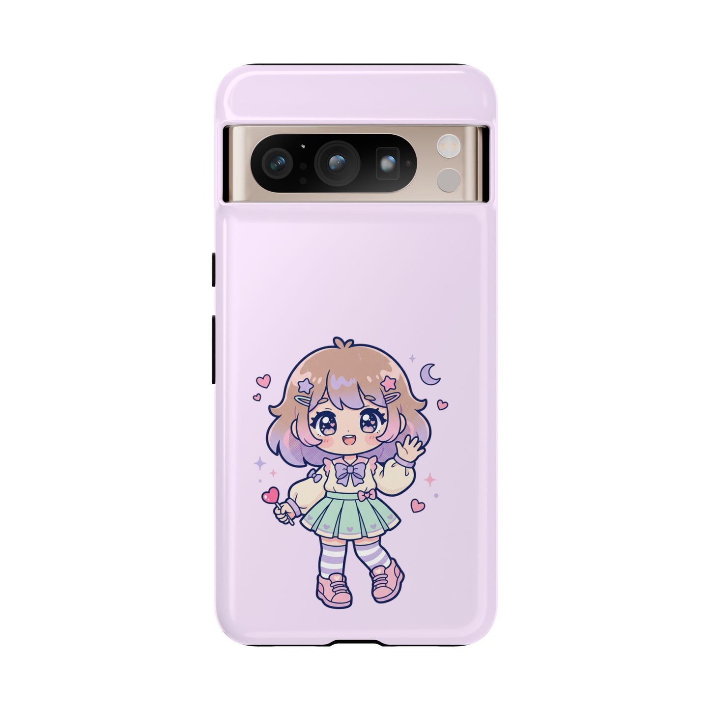 Cute Kawaii Girl Phone Case — Pastel Anime iPhone Cover with Hearts & Moon