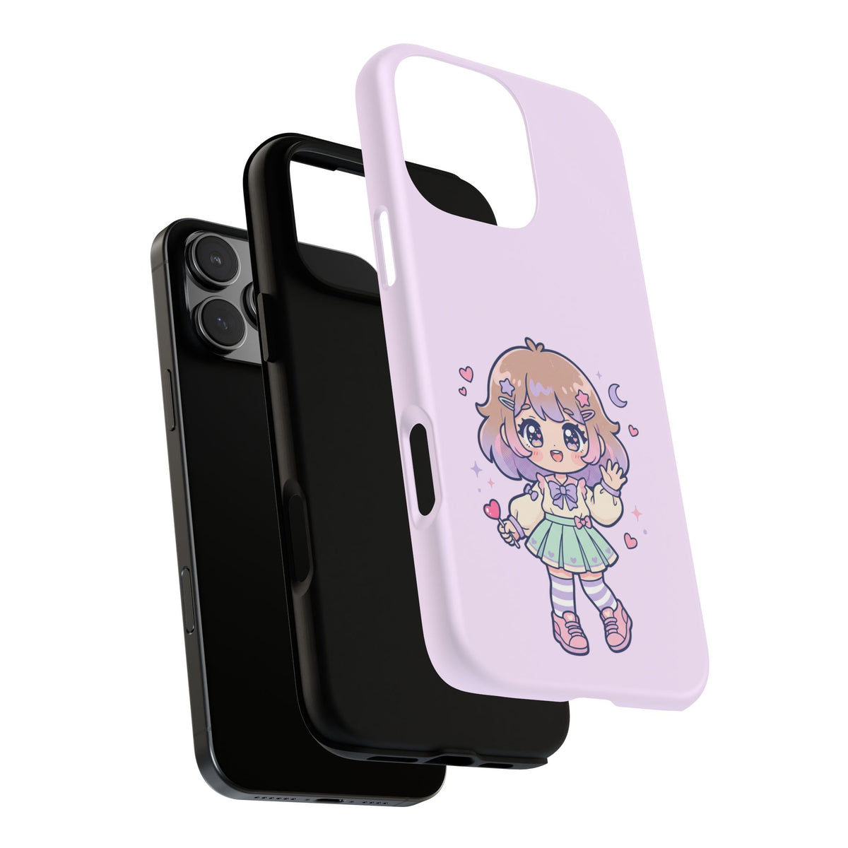 Cute Kawaii Girl Phone Case — Pastel Anime iPhone Cover with Hearts & Moon