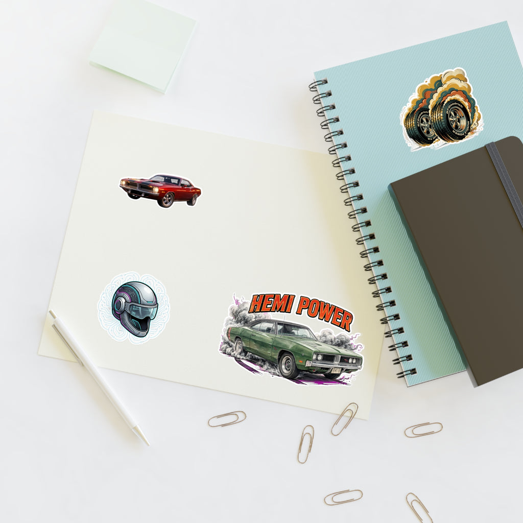 Hemi Power Muscle Car Sticker Sheet — Retro Racing Car & Helmet Decals