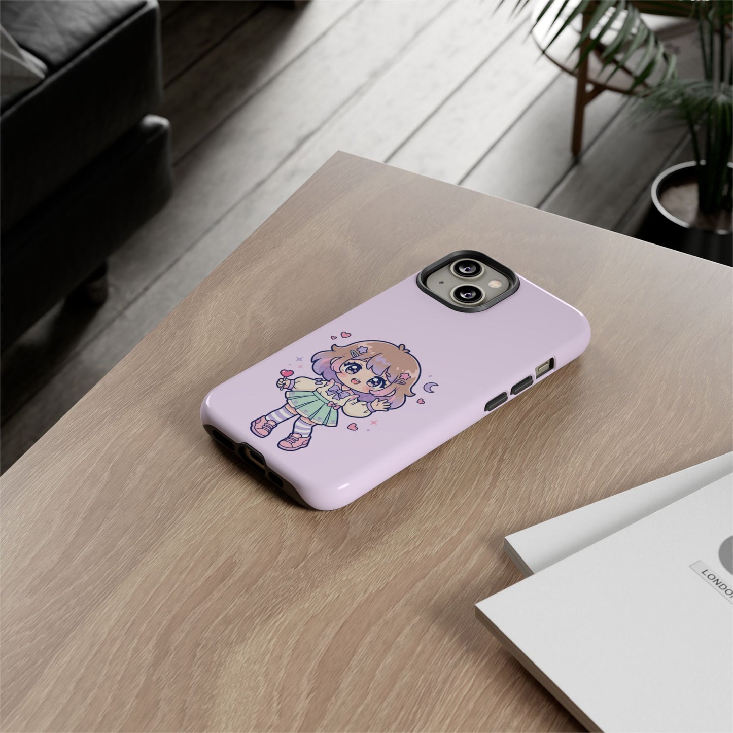 Cute Kawaii Girl Phone Case — Pastel Anime iPhone Cover with Hearts & Moon