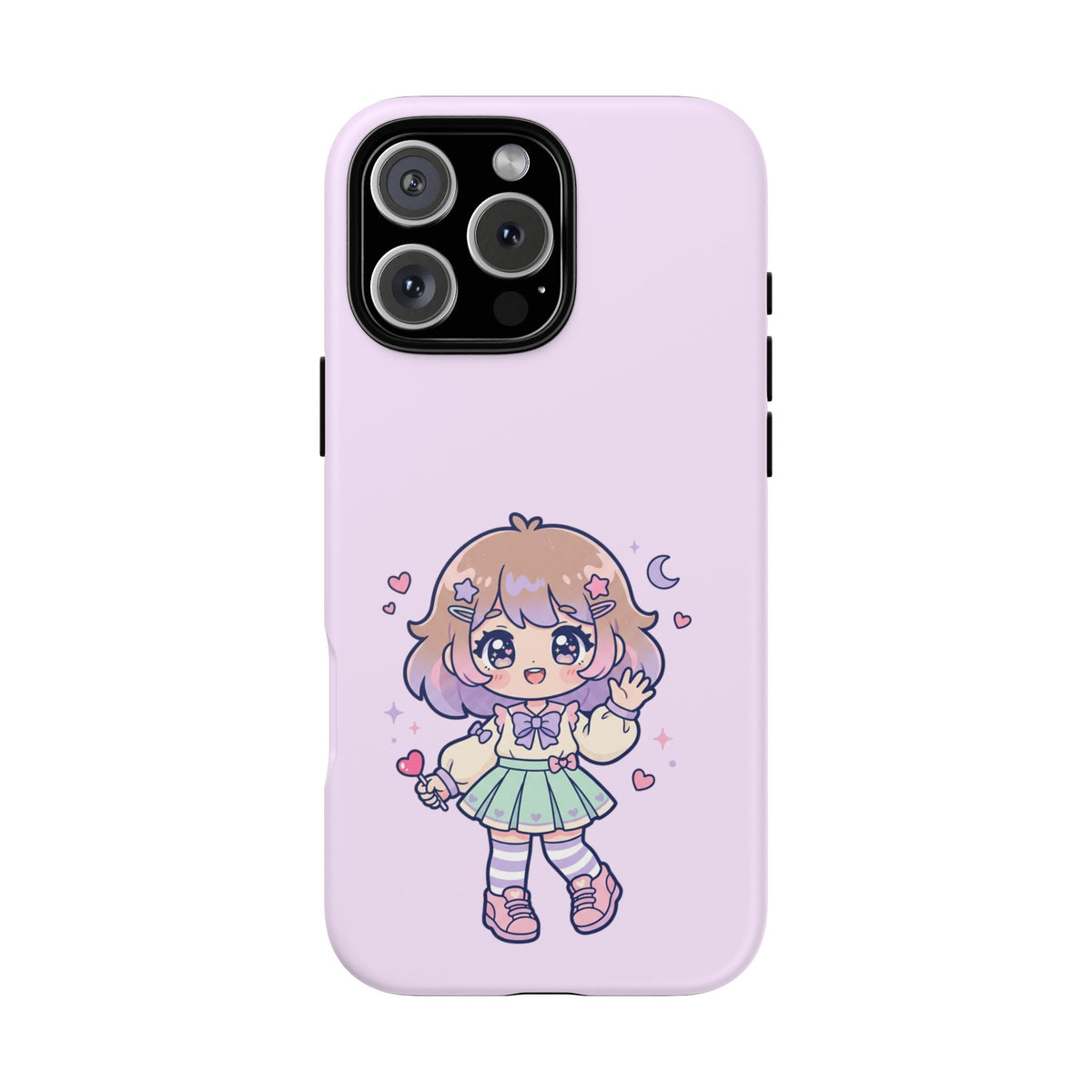 Cute Kawaii Girl Phone Case — Pastel Anime iPhone Cover with Hearts & Moon