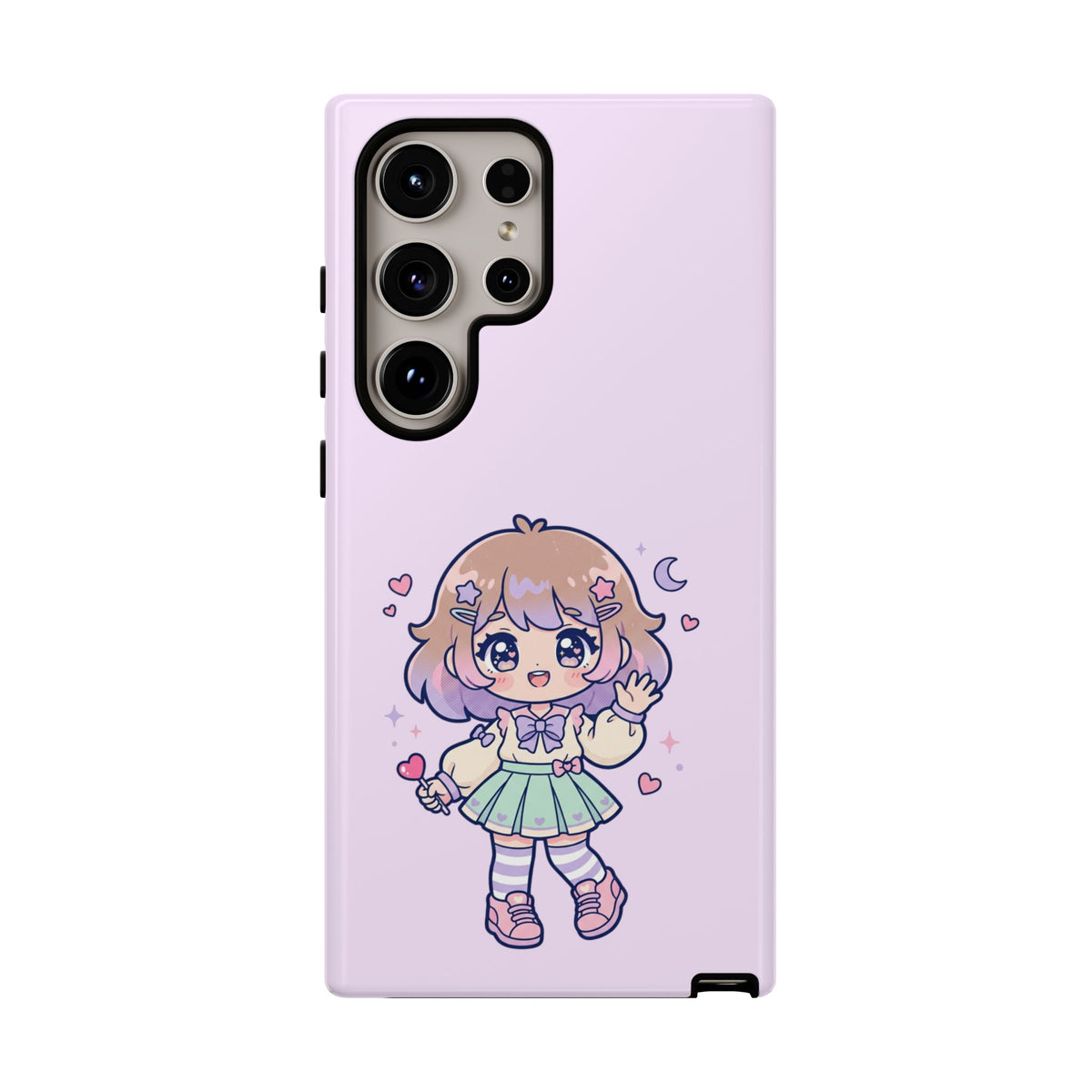Cute Kawaii Girl Phone Case — Pastel Anime iPhone Cover with Hearts & Moon