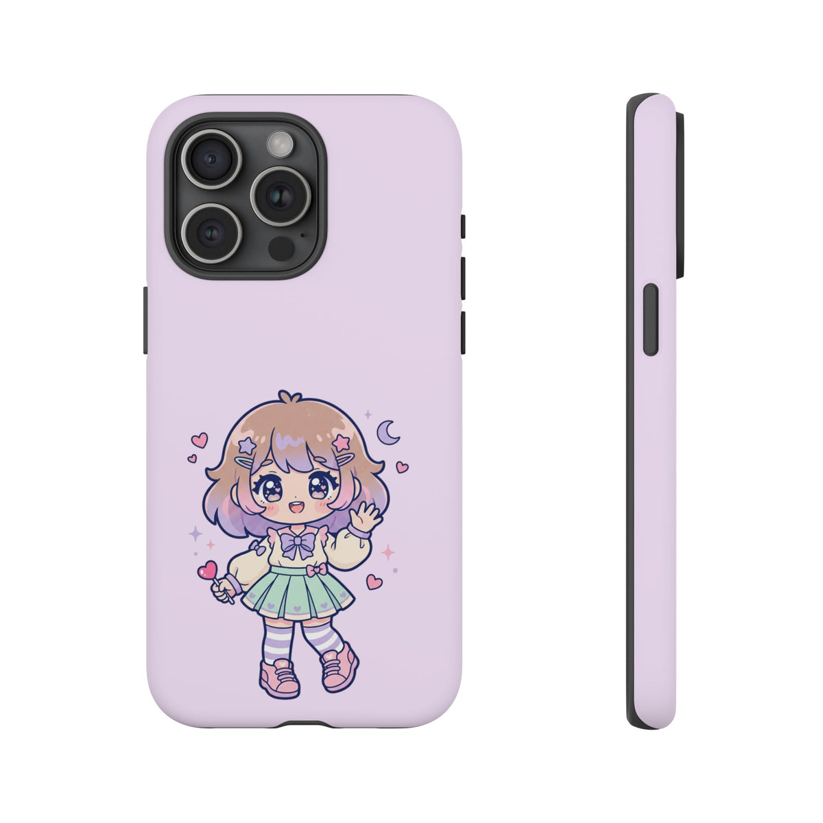 Cute Kawaii Girl Phone Case — Pastel Anime iPhone Cover with Hearts & Moon