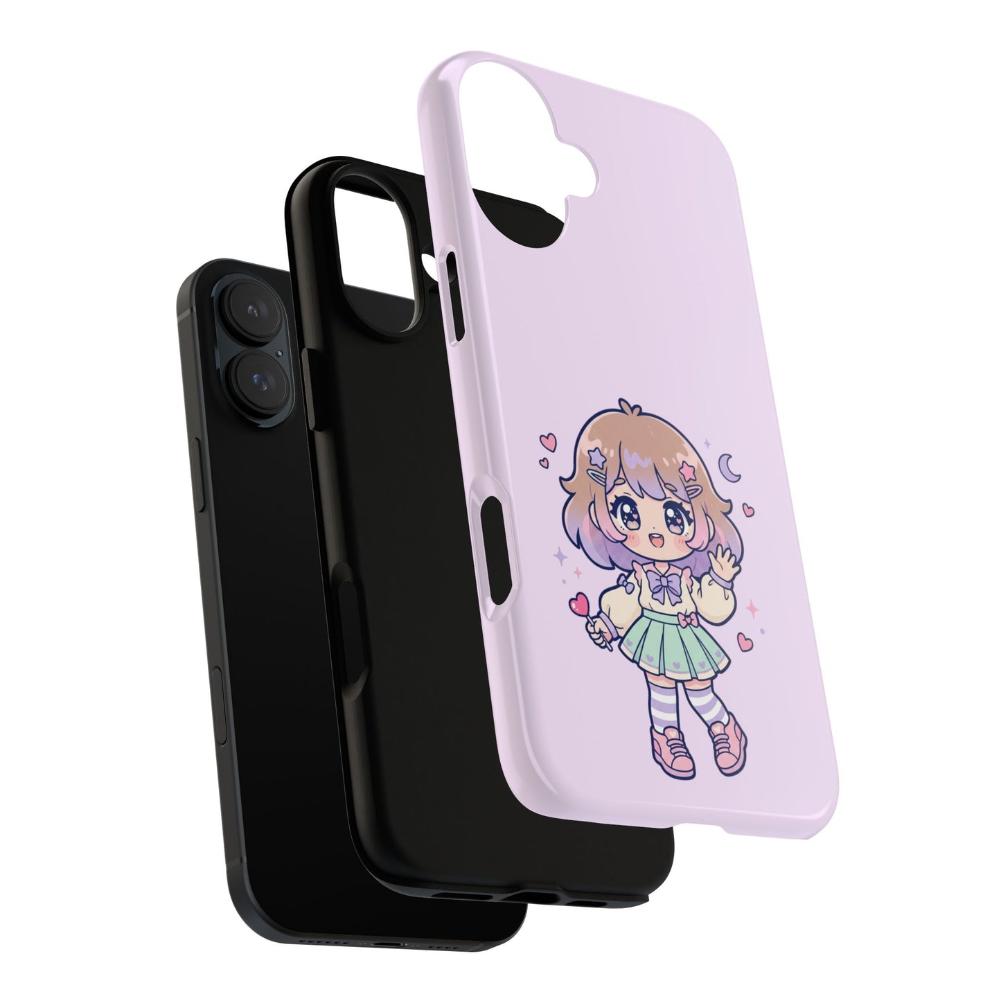 Cute Kawaii Girl Phone Case — Pastel Anime iPhone Cover with Hearts & Moon