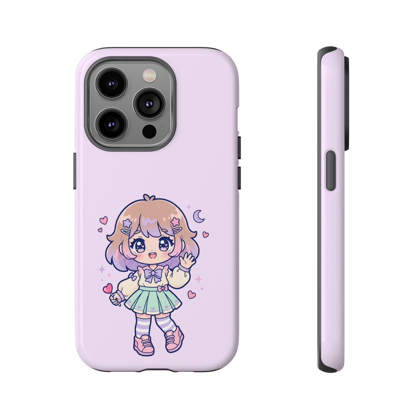 Cute Kawaii Girl Phone Case — Pastel Anime iPhone Cover with Hearts & Moon