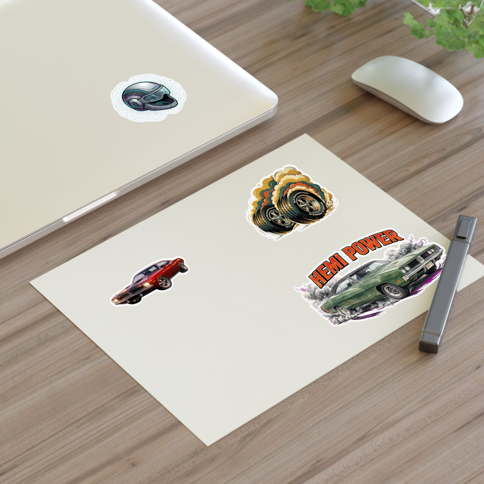 Hemi Power Muscle Car Sticker Sheet — Retro Racing Car & Helmet Decals